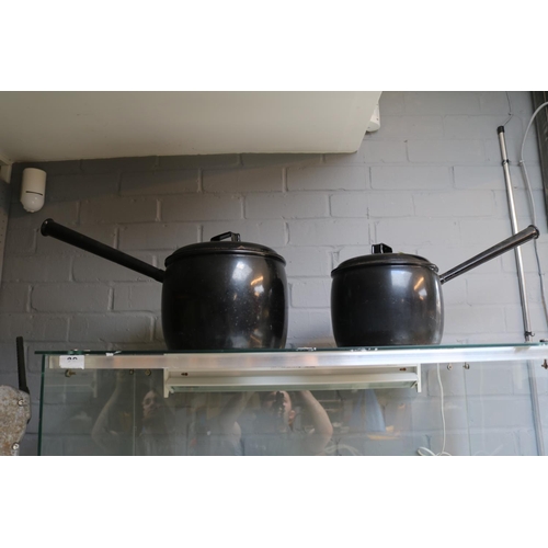 332 - 2 Black enamelled cooking pots