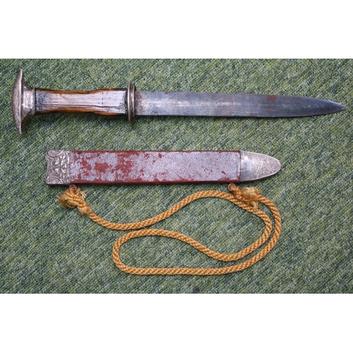 367 - Silver mounted Oak handled Dagger in scabbard with Silver Collar dated 1906. 38cm in total length