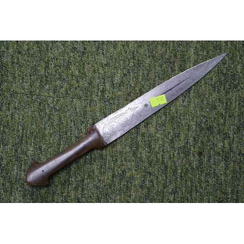 368 - European Antler handed Dagger with floral engraved blade and impressed star. 32cm in Length