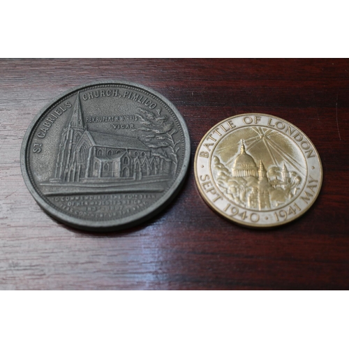 376 - Commemorative Battle of London Sept 1940 -41 May Medallion and a St Gabriel's Church Pimlico Victori... 