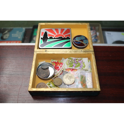 384 - Wooden Gilded European box with assorted Coins mainly British