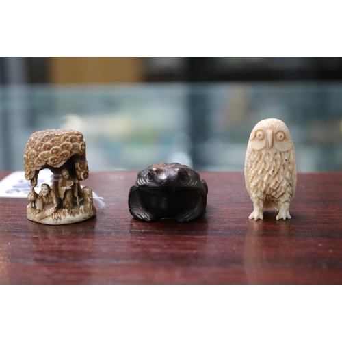 394 - Carved Bone Netsuke wooden Toad, Bone Figural group and Owl