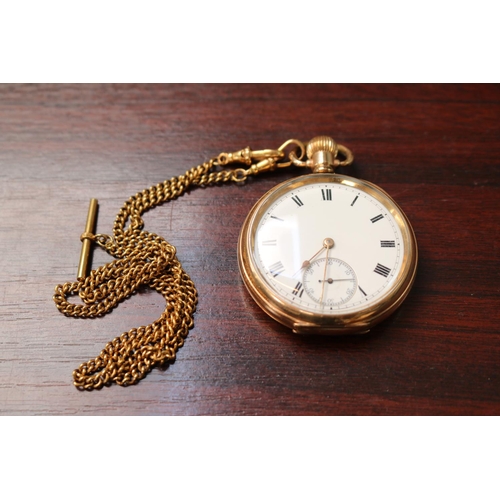 395 - Edwardian Gold Plated Pocket watch with roman numeral dial and gold plated chain