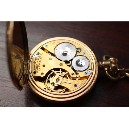 395 - Edwardian Gold Plated Pocket watch with roman numeral dial and gold plated chain