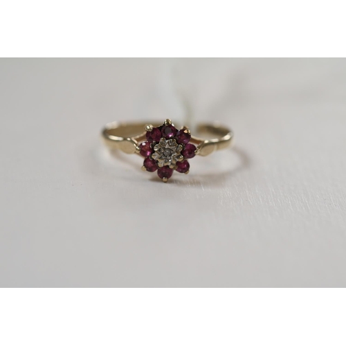 425 - Ladies 9ct Gold Ruby & Diamond set cluster ring Size L. 1.5g total weight