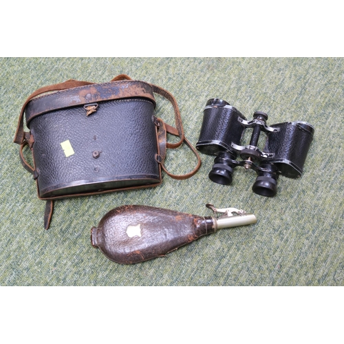 43 - 19thC Leather Shot pouch with brass dispenser and a Cased pair of Voigtländer 6 x 30 Binoculars