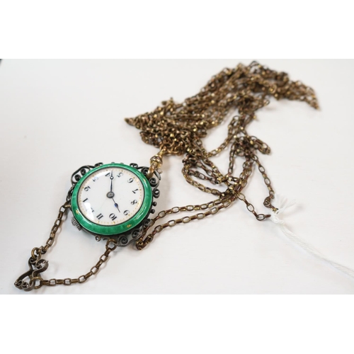 430 - Ladies Silver enamelled numeral watch with gilt chain