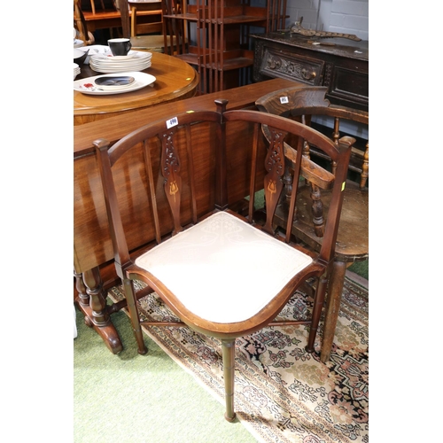 495 - Edwardian Mahogany Inlaid Corner chair with upholstered seat over turned supports