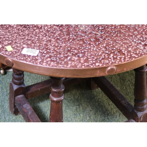 500 - Copper topped hammered circular table on oak base