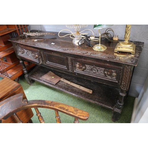 507 - 18thC Oak dresser base with carved detail 2 drawers over under tier