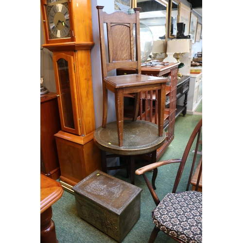 509 - Oak Hall Chair with Brass topped table and Embossed coal box