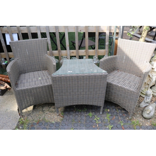 517 - Woven Garden table with glass top and 2 Elbow chairs