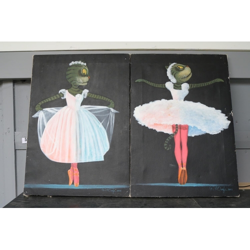 52 - Pablo Morfa (Cuba) Pair of Surrealist Acrylics on Canvas of Cats as Ballerinas entitled 'La Muerte D... 