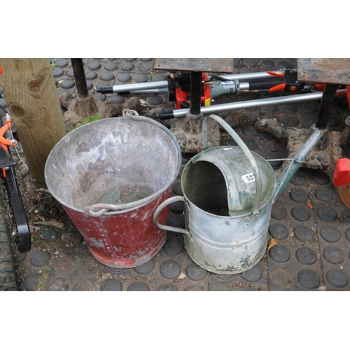 537 - Vintage Galvanised painted Fire Bucket and a watering Can