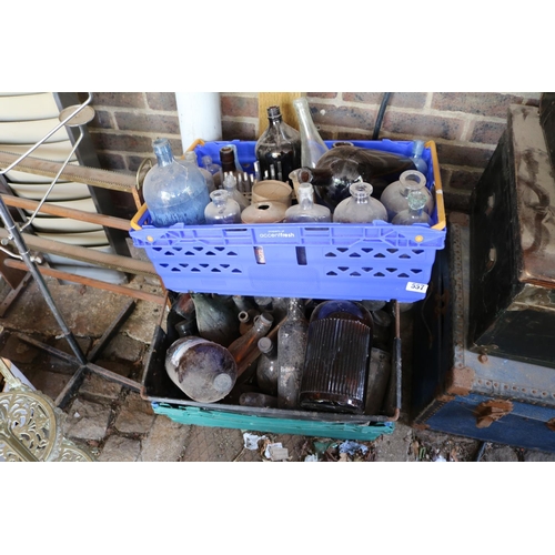 557 - 2 Boxes of assorted Vintage glass bottles and Jars