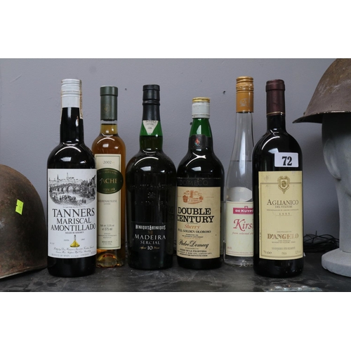 72 - 6 Bottles of Various Alcohol to include Tanners Mariscal Amontillado Sherry, Kirsch, Madeira 10 Year... 