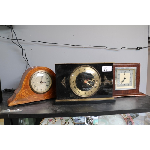 75 - Edwardian Napoleons hat design mantel clock and 2 other clocks