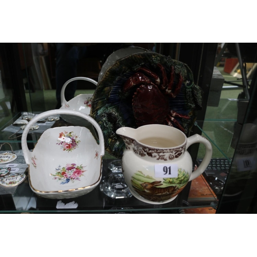 91 - Portuguese Majolica Crab plate, Hammersley Flower basket and a Spode Woodland Milk Jug