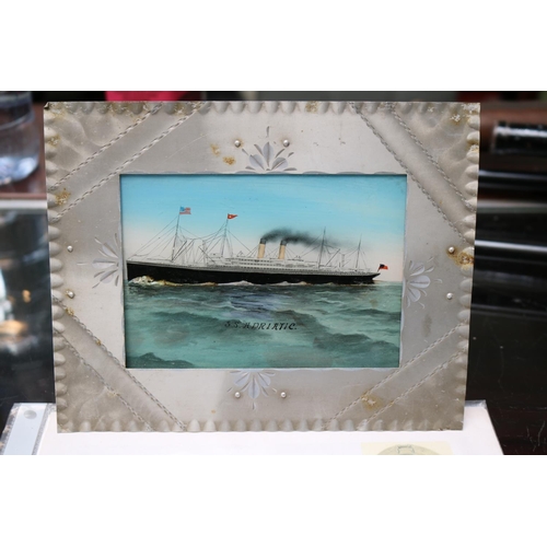 94 - SS Adriatic White Star Line Over painted Postcard on board within Aluminium frame