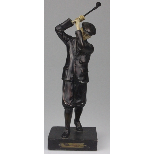 28 - 1930s trophy Cast Metal figure of a Golfer in full swing with patinated finish 28.5cm in Height