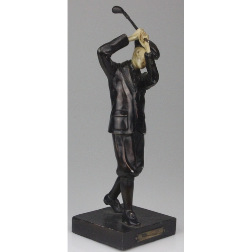 28 - 1930s trophy Cast Metal figure of a Golfer in full swing with patinated finish 28.5cm in Height