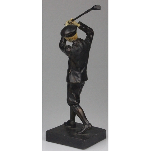 28 - 1930s trophy Cast Metal figure of a Golfer in full swing with patinated finish 28.5cm in Height