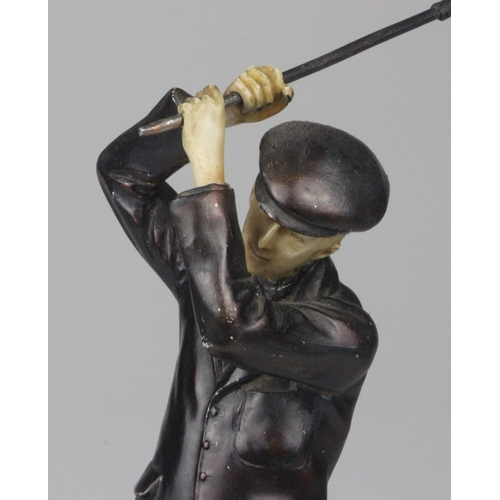 28 - 1930s trophy Cast Metal figure of a Golfer in full swing with patinated finish 28.5cm in Height