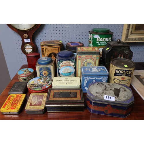 114 - Collection of assorted Advertising tins to include Colmans Mustard, Douwe Egberts, Horlicks etc