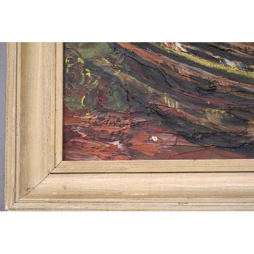 130 - Framed oil impasto on board of a Pacific Island scene signed to bottom left