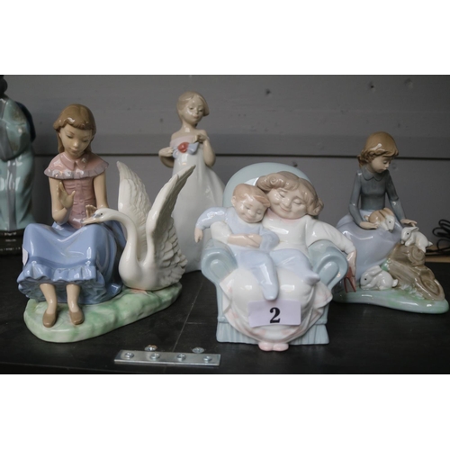 2 - Collection of 4 Nao Figurines to include Girl with Swan, bedtime readding etc