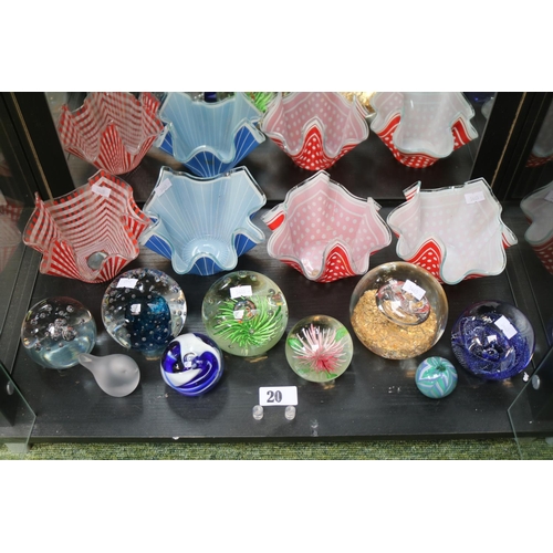 20 - Collection of assorted Glass paperweights and 4 Mid Century Handkerchief vases