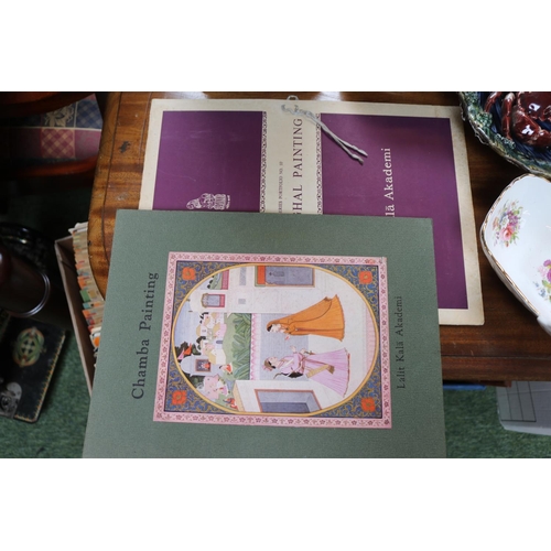 200 - Mottled blue glass water jug with beakers, Chamba painting folio etc