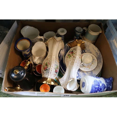 231 - 4 Boxes of assorted Ceramics to include Carlton ware Floral vase, Veritable Crystal Claret Jug, Loso... 