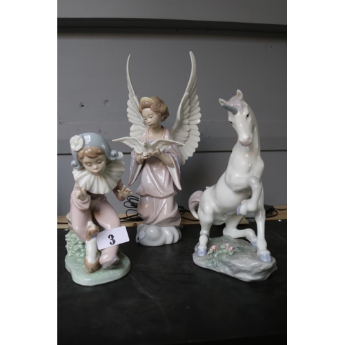 3 - Lladro Privilege Unicorn, Lladro Angel with Dove and a Nao Pierrette