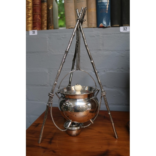 35 - 19thC Silver plated Spirit Cauldron with naturalistic supports. 38cm in Height