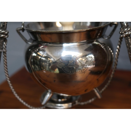 35 - 19thC Silver plated Spirit Cauldron with naturalistic supports. 38cm in Height