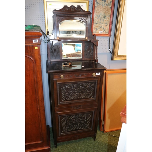 500 - Edwardian Mahogany Fall front cabinet with carved panel doors and brass handles