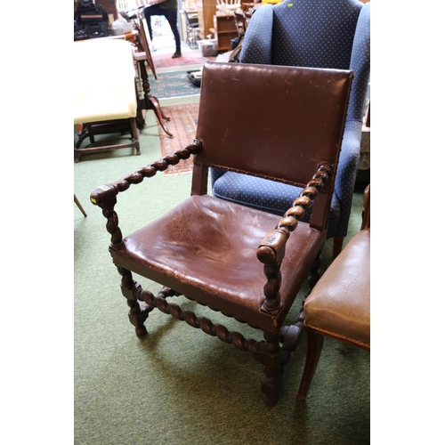 502 - Oak Barley twist Elbow chair with upholstered seat and Barley twist stretchers