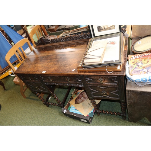 507 - Oak Desk with Carved back 5 drawers with applied decoration and Barley twist supports