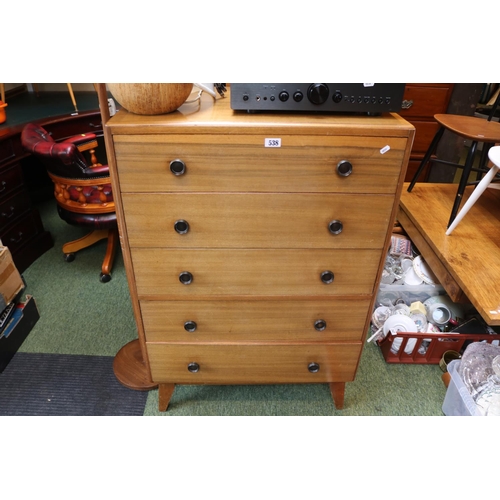 538 - Mid century Chest of 5 Drawers with metal handles and splayed legs