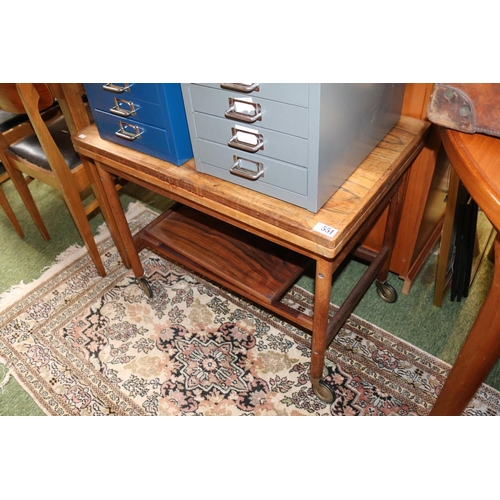 551 - Danish Mid Century Hardwood Tea table with tray to base over casters