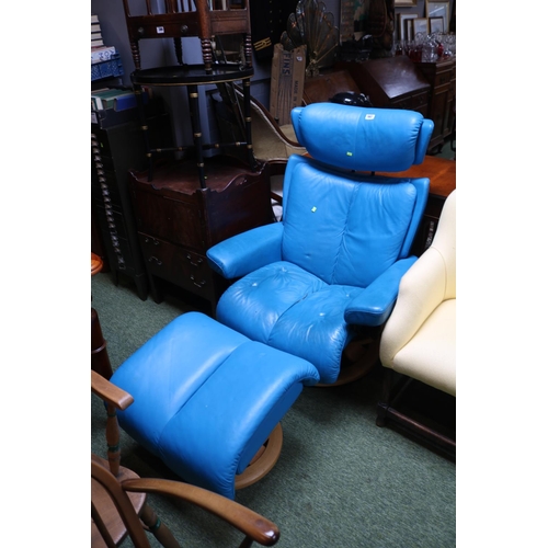 565 - Blue Leather Stressless Elbow chair and footstool