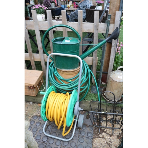 582 - Hosepipe on reel, Vintage Watering Can and a Stoneware pot