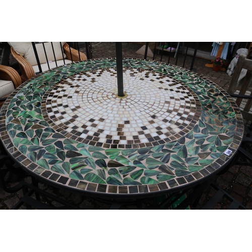 589 - Good quality Mosaic topped garden table and a set of 6 wrought metal chairs with a umbrella and cush... 