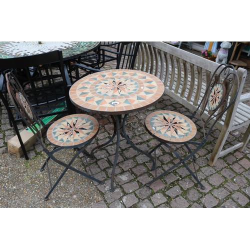 590 - Mosaic topped garden table and 2 matching chairs