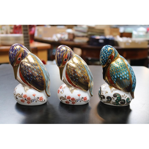 120 - 3 Royal Crown Derby Paperweights to include Kedleston Kingfisher MMV with gold stopper boxed and 2 o... 