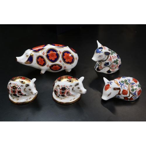 133 - 5 Royal Crown Derby Paperweight Pigs and Piglets with Gold Stoppers and Silver