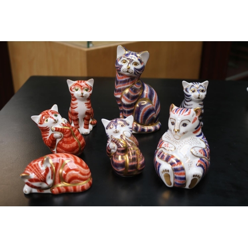 136 - 7 Royal Crown Derby Feline Paperweights to include Fat Cat, Kittens and others