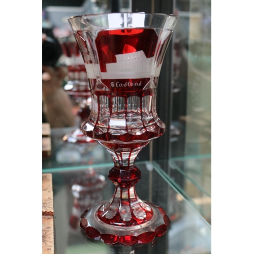 15 - 19thC Bohemian Ruby flash glass goblet depicting Austrian scenes. 20cm in Height