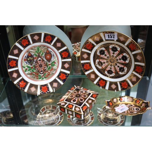 157 - 2 Royal Crown Derby Cabinet plates, Lidded Rectangular trinket pot 1128 XXXII and decorative dish